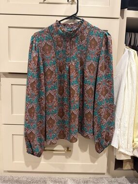 Joie Paisley Print High-Neck Long Sleeve Blouse in Teal and Brown